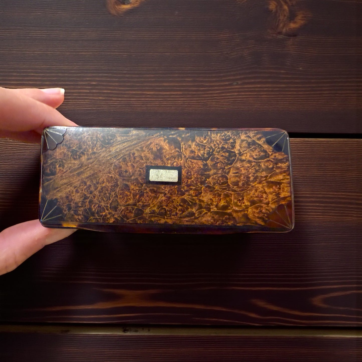 Antica tabacchiera metà ottocento in radica con intarsi