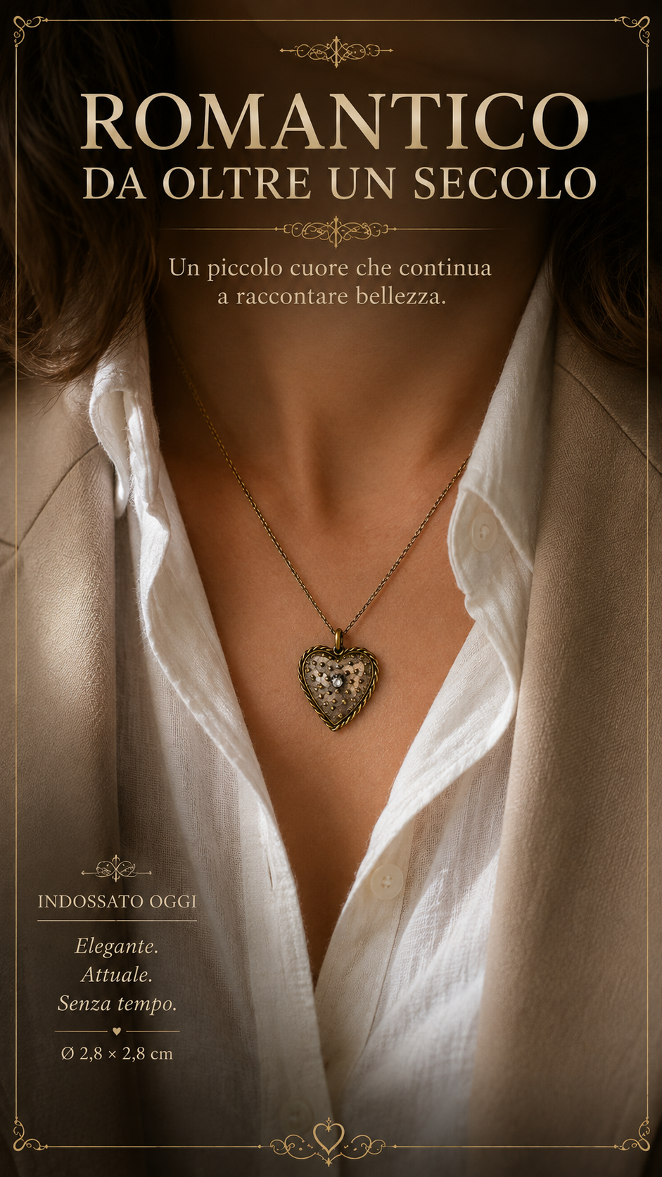Pendente ciondolo antico fine ‘800 primo ‘900 cuore con paillettes e castone brillante