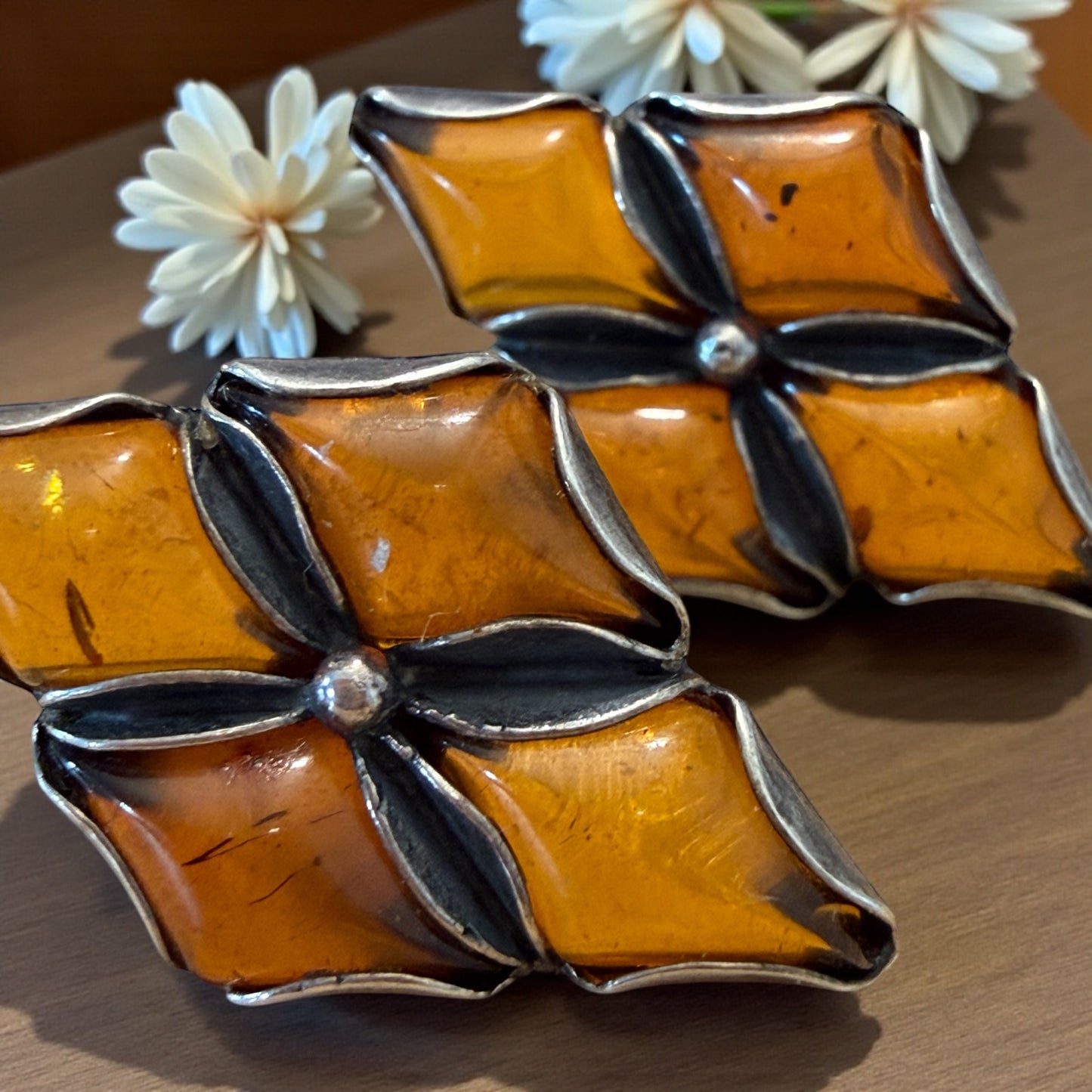 Orecchini argento e ambra baltica, vintage 70s