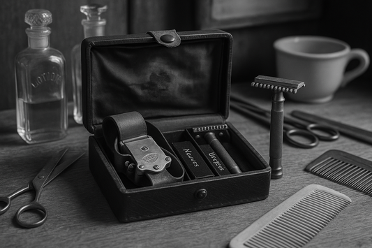 Antico set da barba completo, anni ‘20, rasoio, affilatore & lamette con custodie