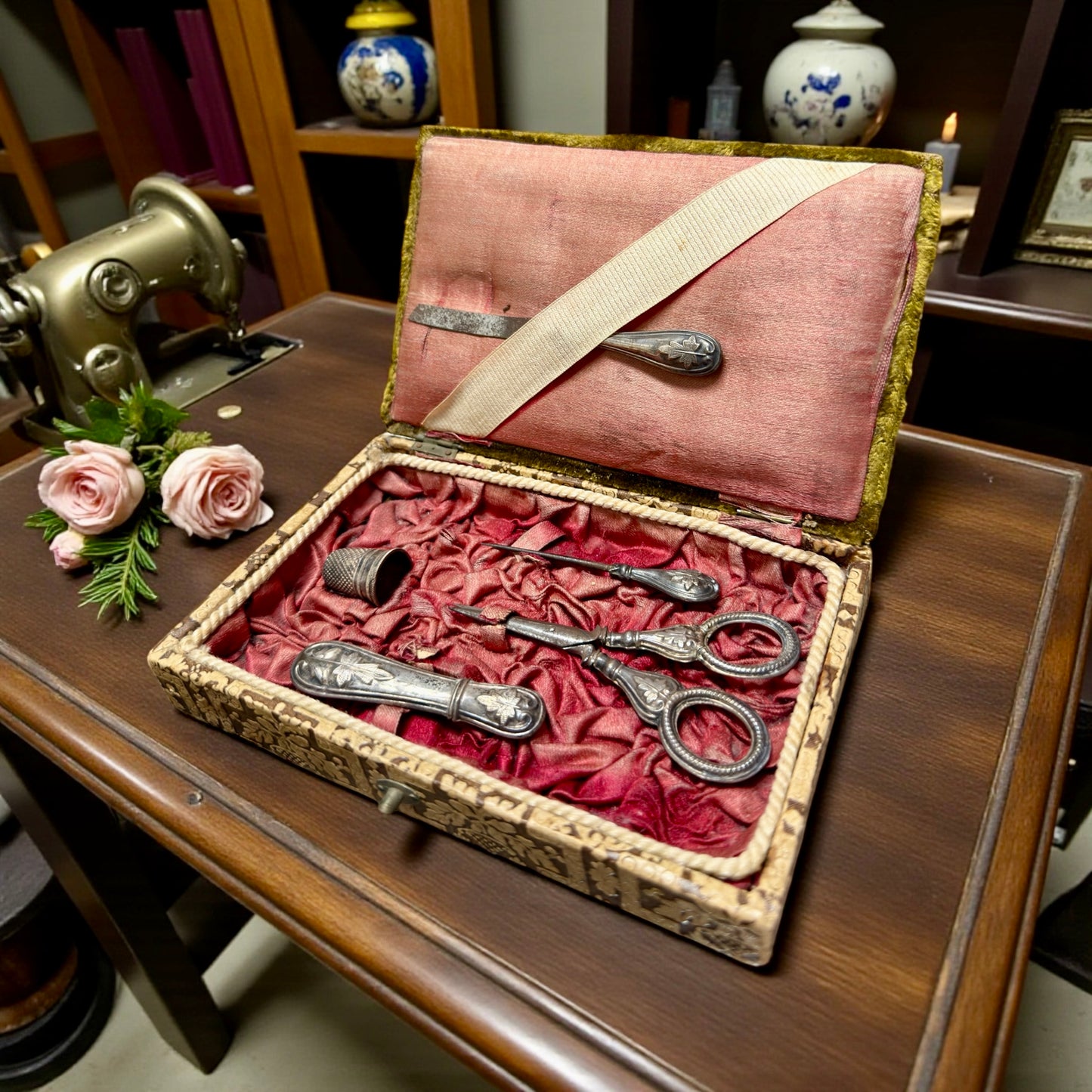 Antico cofanetto completo necessaire set da cucito in argento e ferro, 1890-1910 Italia