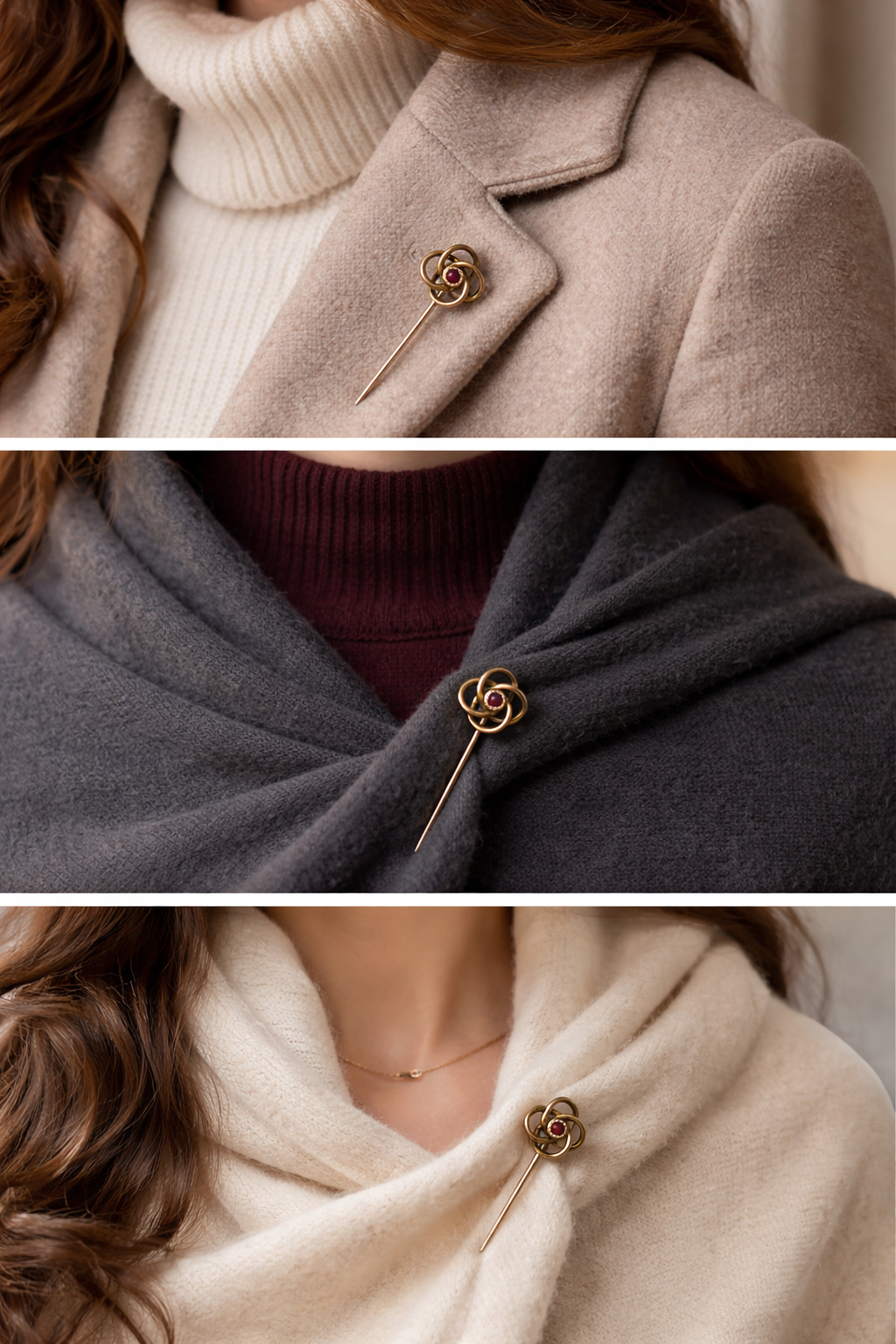 Spilla gioiello da cappotto placcata oro, nodo Liberty con piccolo granato