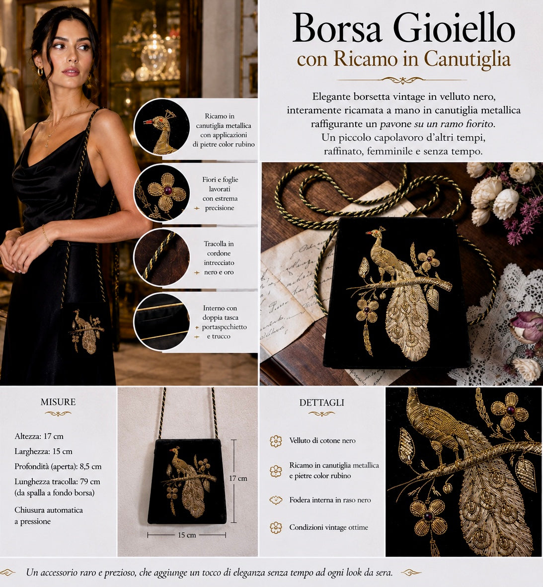 Borsa gioiello in velluto con pavone ricamato in canutiglia, anni ‘50-‘60