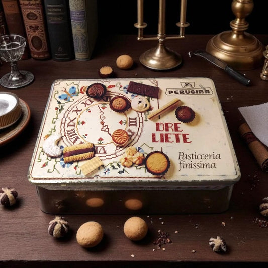Scatola vintage latta anni ‘70 porta biscotti “Ore Liete” Perugina
