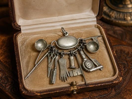 Pendente tematico in argento 800 con miniature, anni ‘50 barber shop / parrucchiere