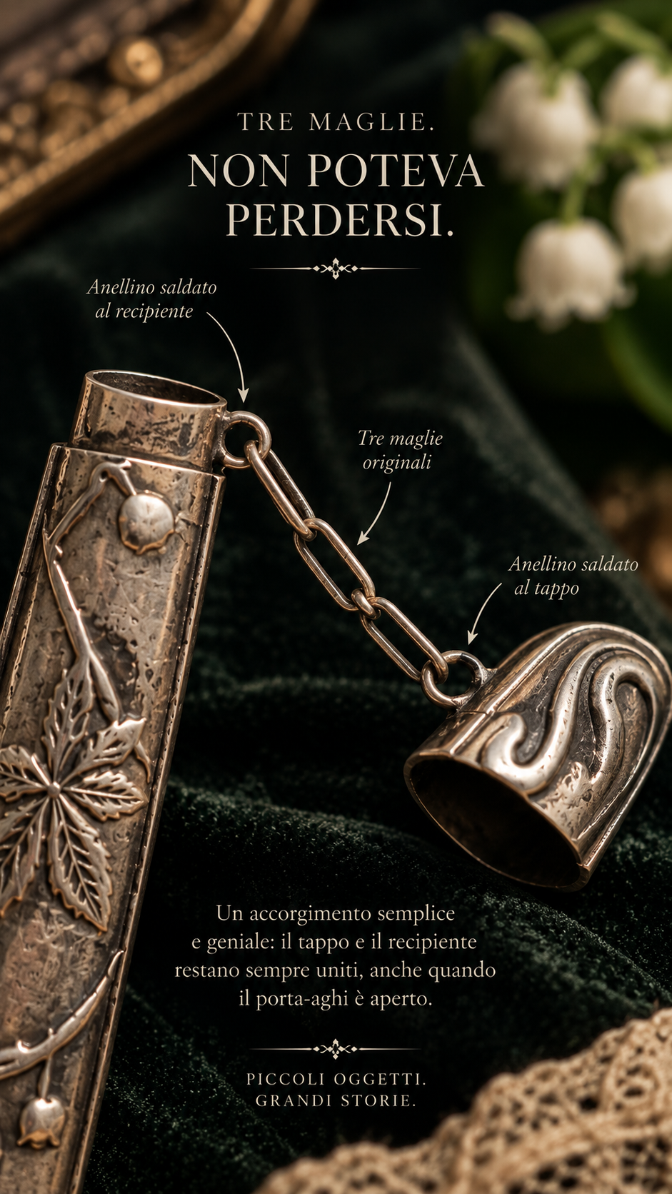 Antico porta aghi liberty in argento con decorazione di mughetti e catenella per Châtelaine