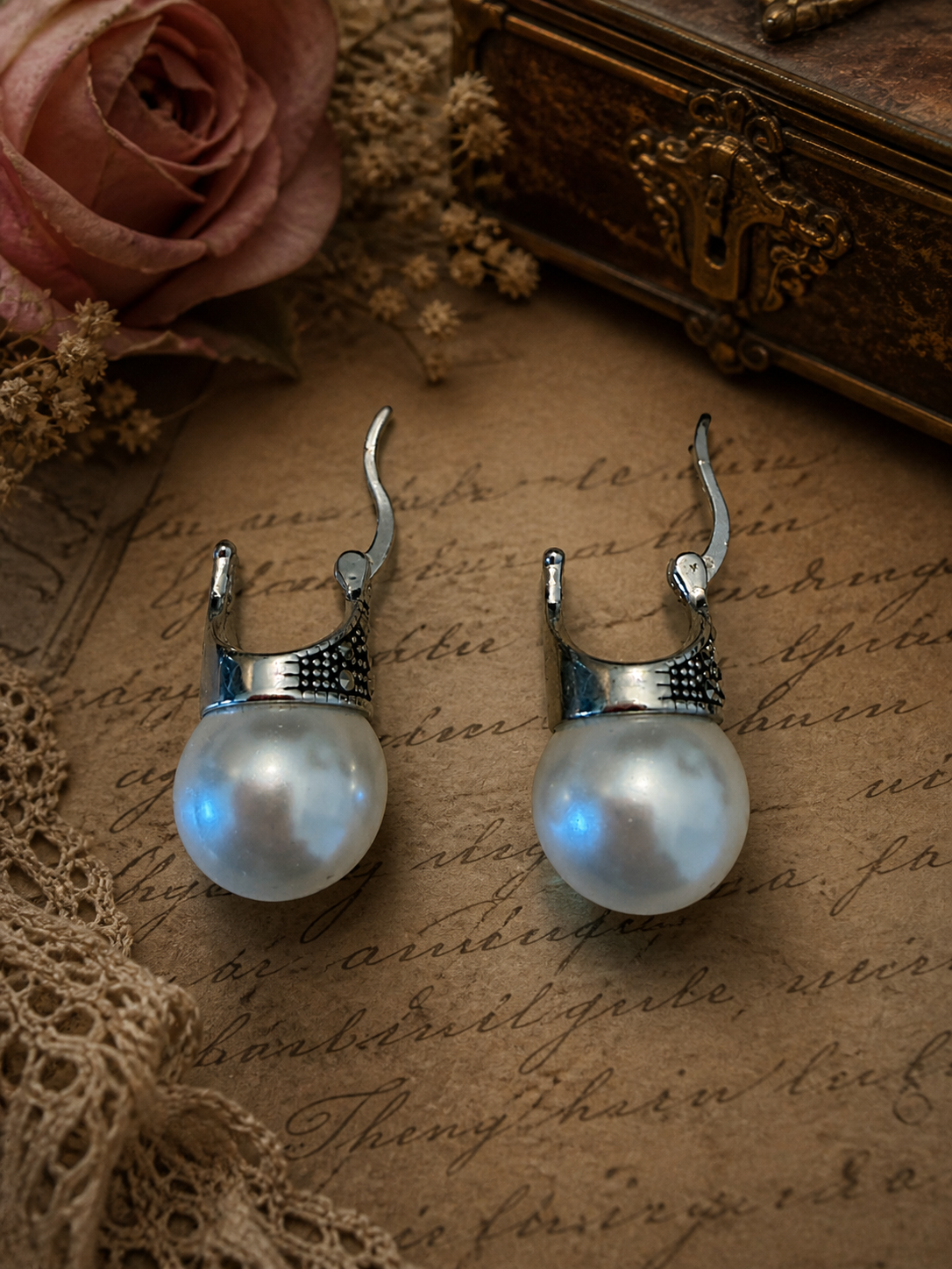 Orecchini argento 925 marcasiti e perla, contemporanei, nuovi
