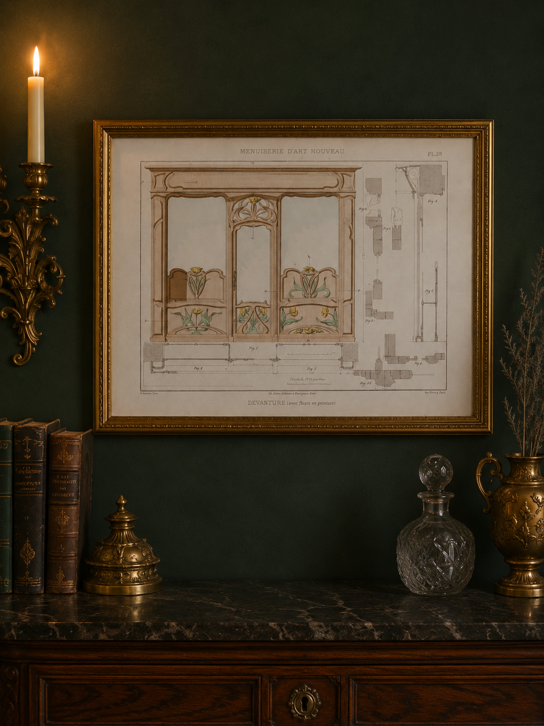 Lotto n.3 grandi tavole Architettura Art Nouveau d’epoca Menuiserie