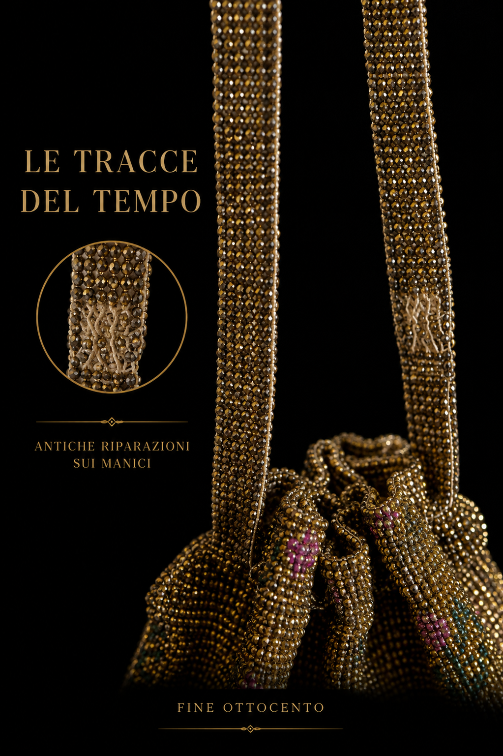 Antica borsa fine Ottocento in perline aumonière floreale con interno seta