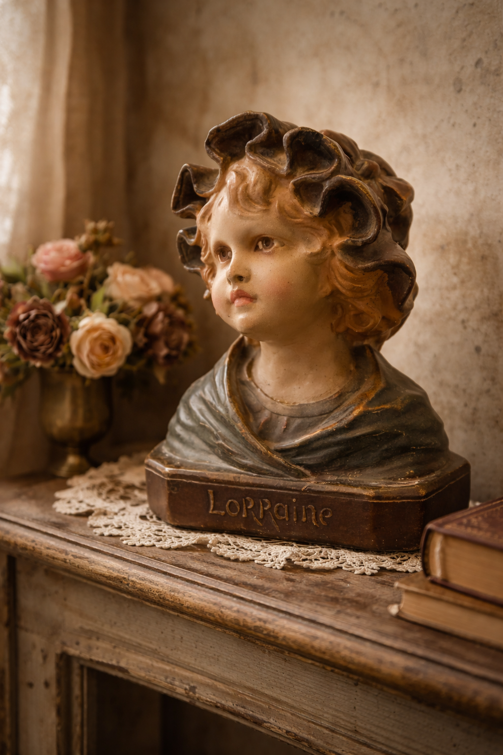 Antico busto in gesso dipinto, fine ‘800, firmato, personificazione Lorraine