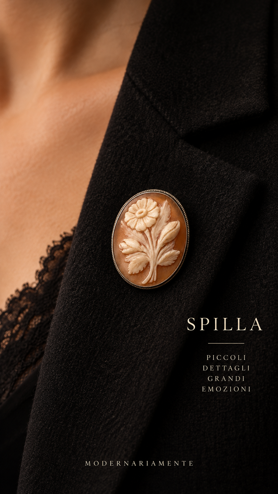 Spilla - pendente gioiello doppia funzione cammeo floreale in conchiglia e argento 800
