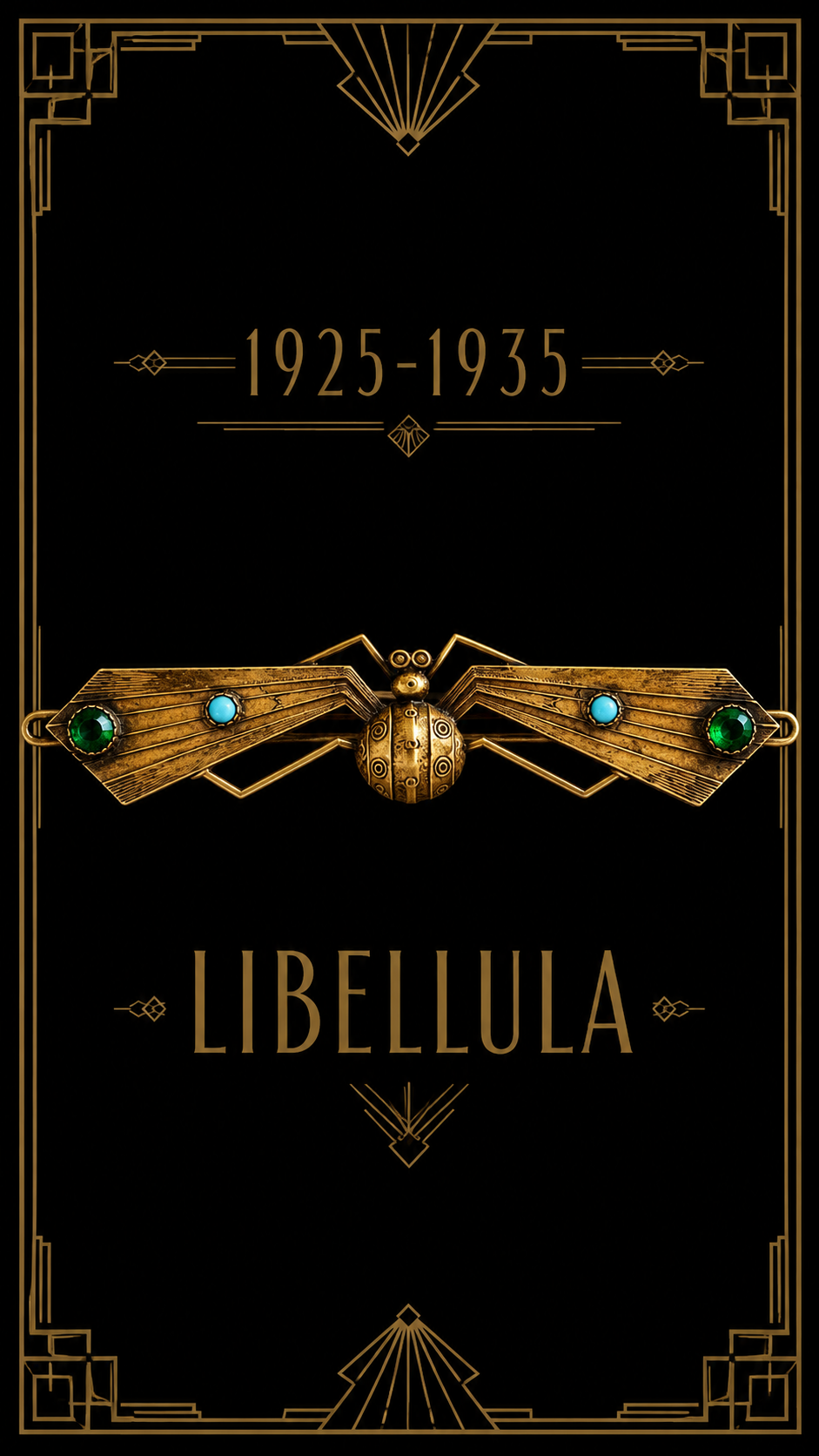 Grande spilla antica art déco a guisa di libellula decorata con cabochons