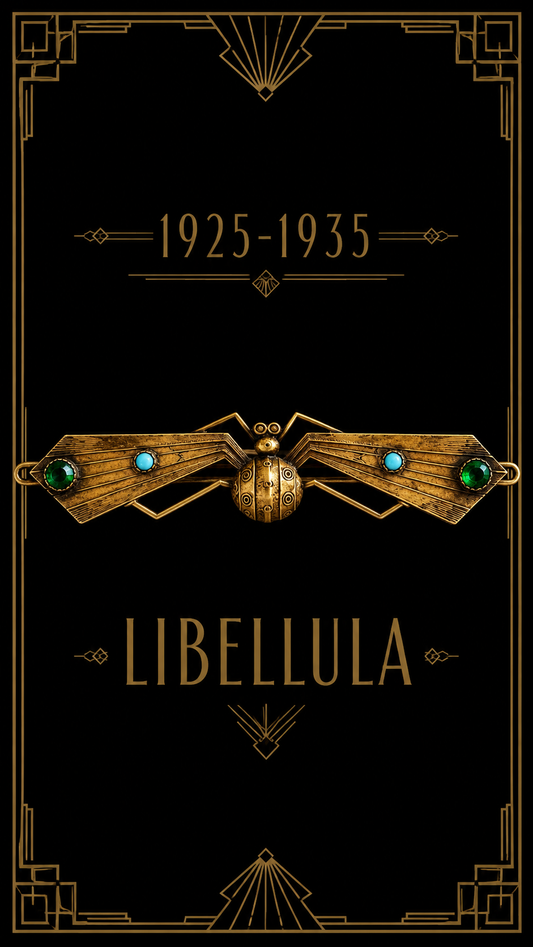 Grande spilla antica art déco a guisa di libellula decorata con cabochons