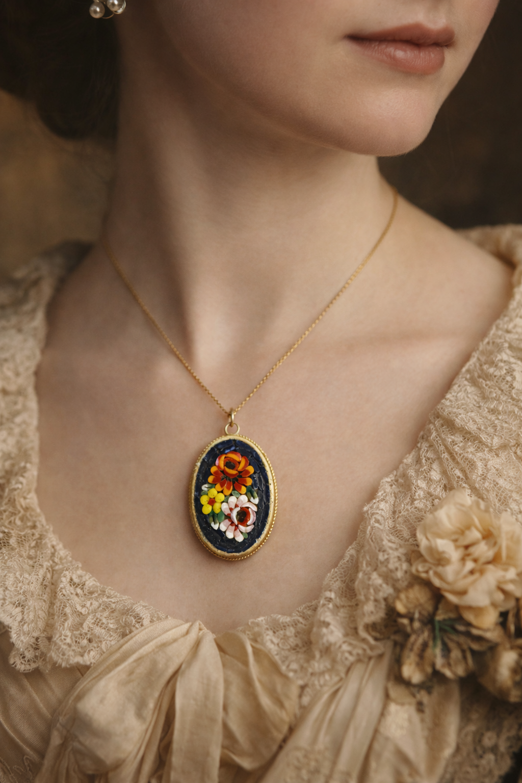 Pendente in micromosaico vitreo montato in metallo dorato, prime decadi ‘900