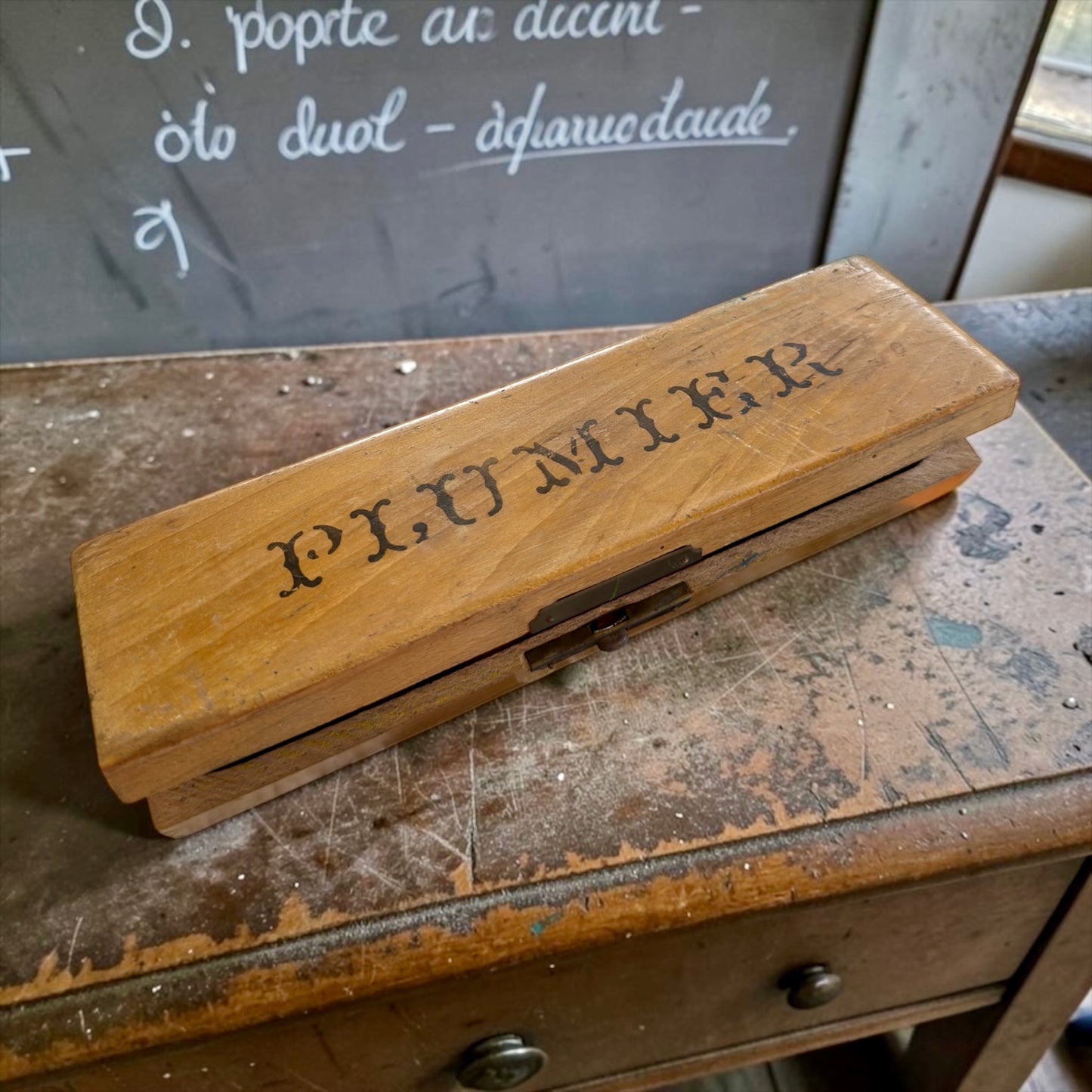Antico plumier astuccio da scolaro i Gustave, primo ‘900 con utensili e porta pennino in osso