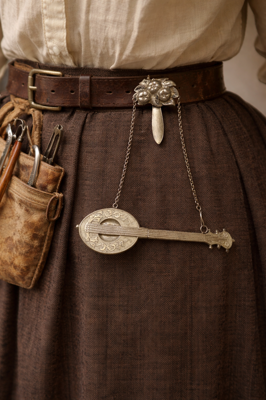Antica chatelaine in argento da sarta, pezzo molto raro con porta aghi a guisa di liuto, fine ‘800 - primo ‘900