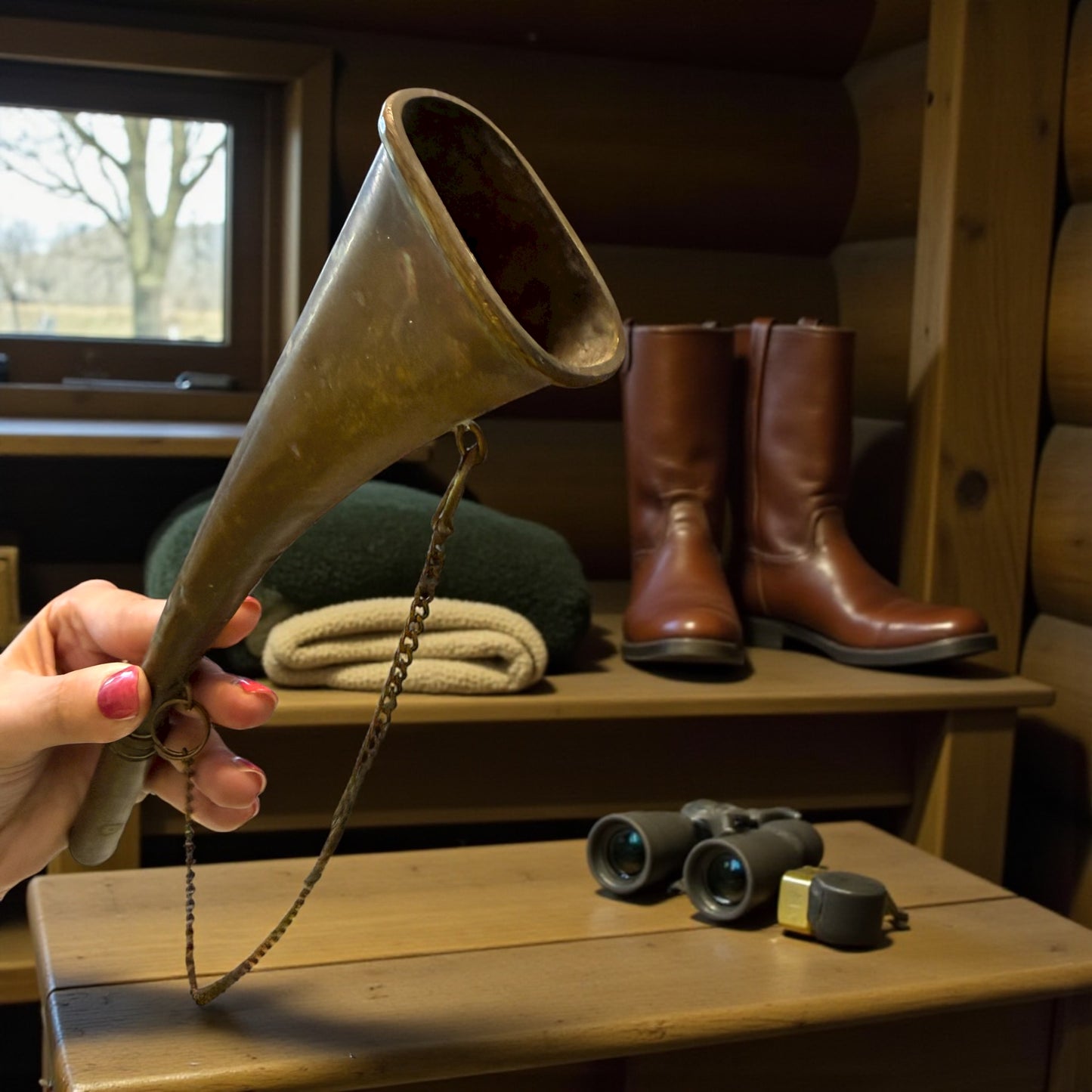 Antico corno richiamo da caccia in ottone con ancia interna, prima metà ‘900