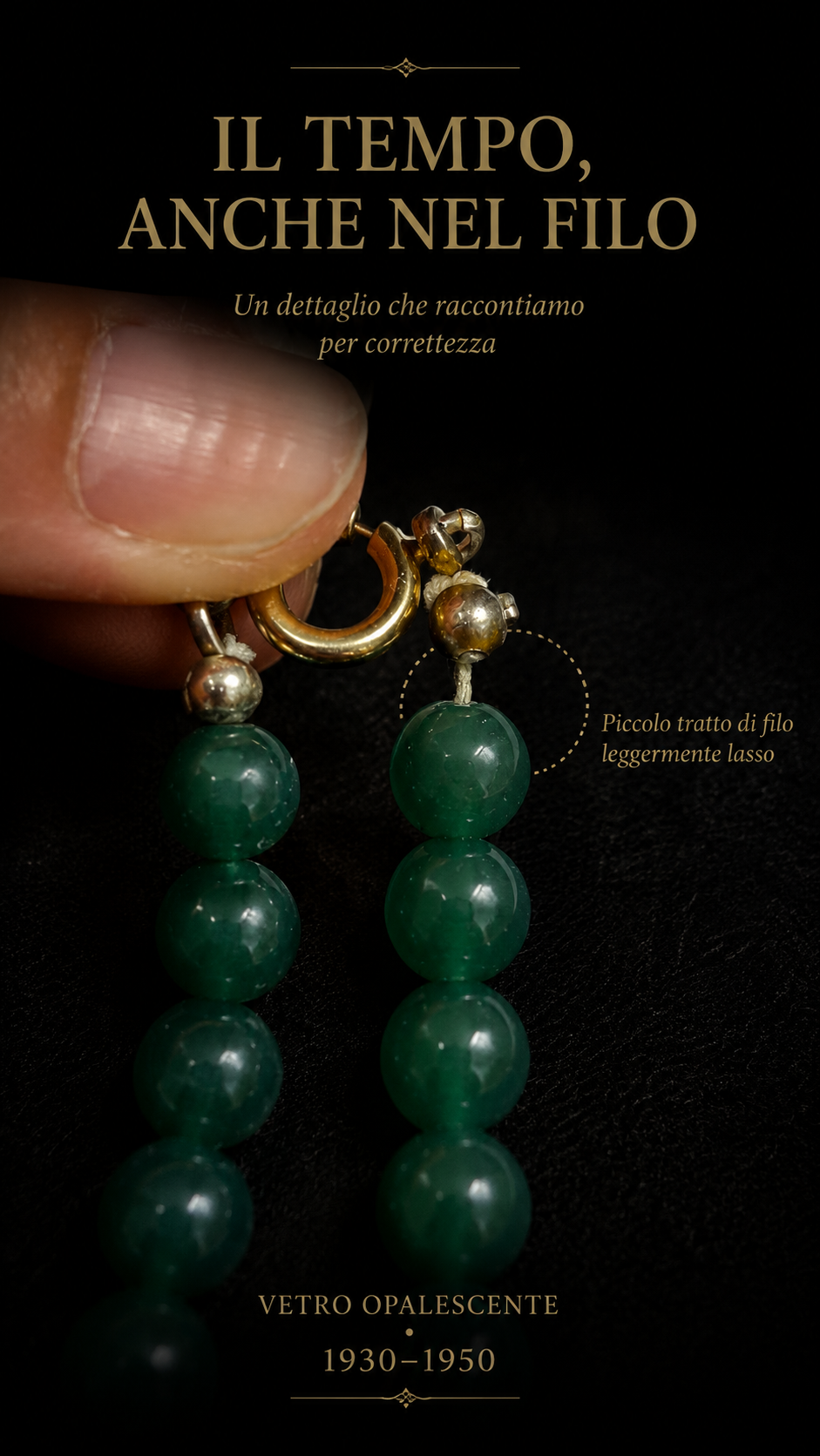 Collana perle in vetro verde opalescente anni ‘30-‘50