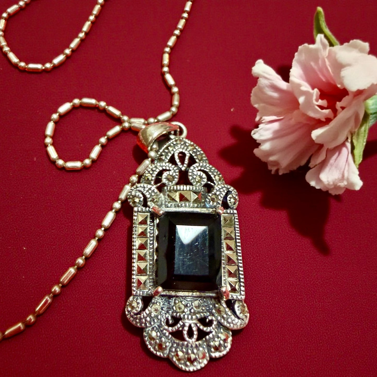 Pendente argento 925 con cabochon nero catena sterling, anni ‘70 manifattura italiana