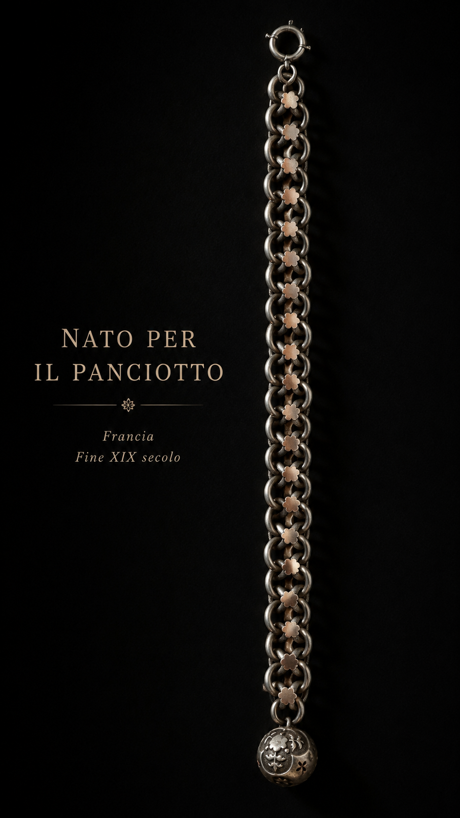 Antica catena da panciotto in argento massiccio con inserti dorati a stella e breloque, fine ‘800