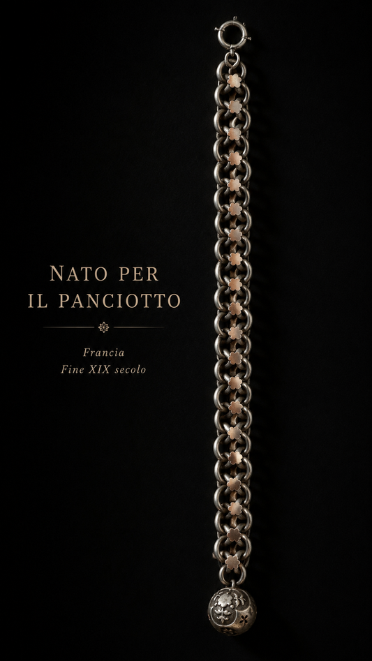 Antica catena da panciotto in argento massiccio con inserti dorati a stella e breloque, fine ‘800