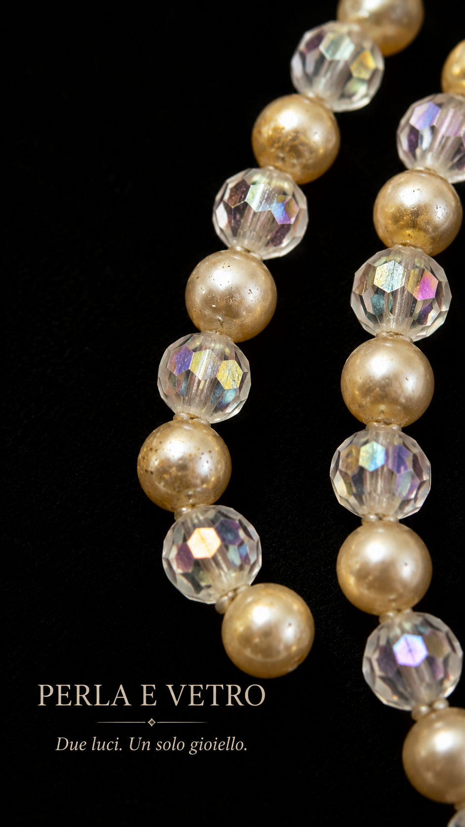 Collana 72 cm perle alternate a vetro sfaccettato, anni ‘50, vintage