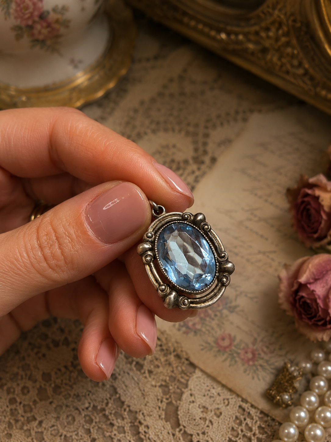 Pendente argentato con cristallo azzurro Liberty in scrigno d’epoca coevo