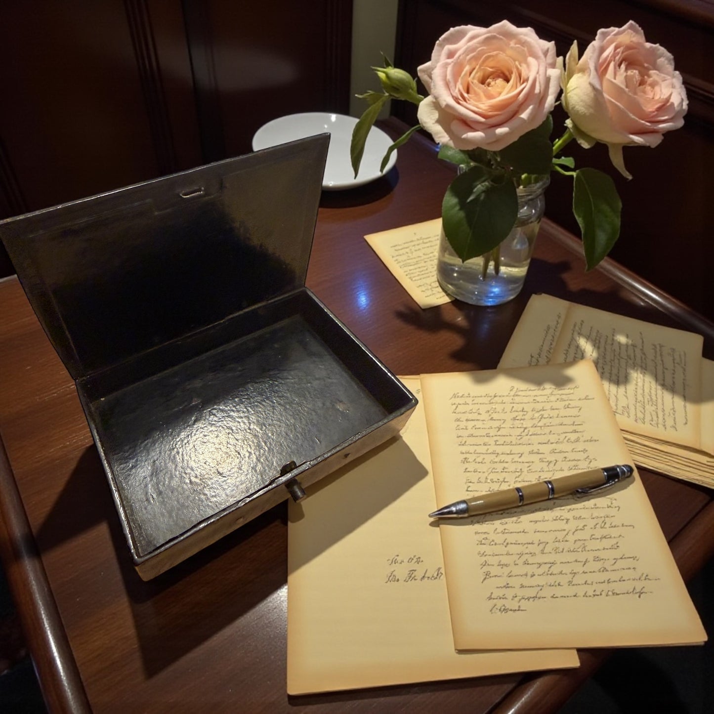 Antica scatola vittoriana in papier maché, inglese, decorata finemente