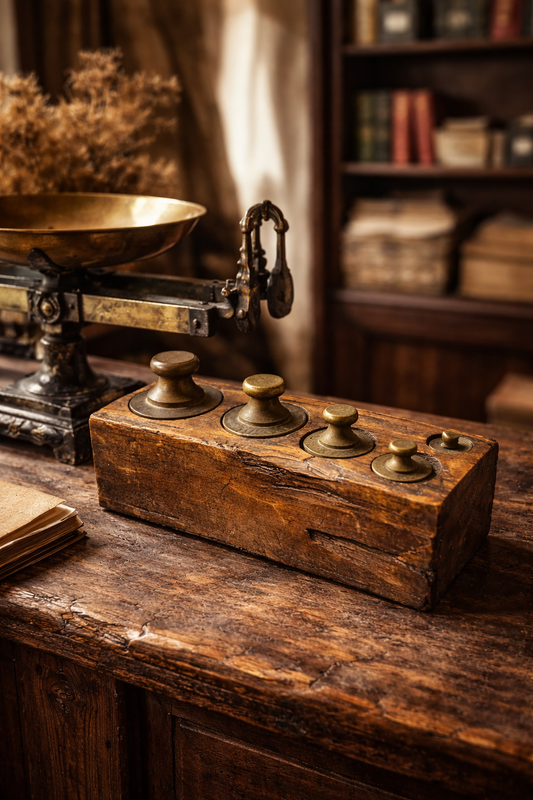 Antica pesiera in legno da bottega completa di pesi in ottone, fine ‘800 - primo ‘900
