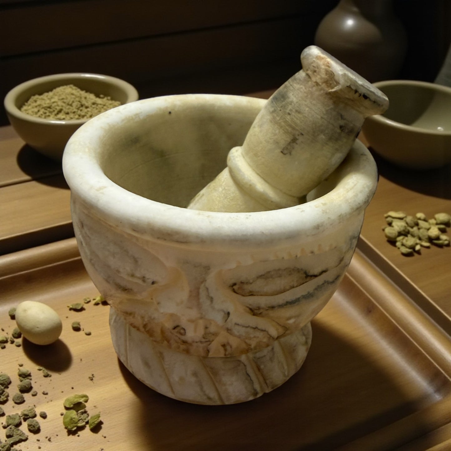 Mortaio cinese con pestello per medicamenti in pietra ollare ￼