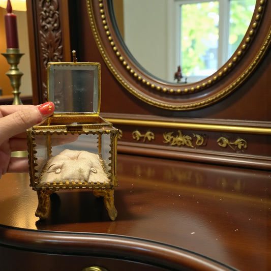 Scrigno portagioie in ottone e vetro bisellato con cuscino seta capitonné