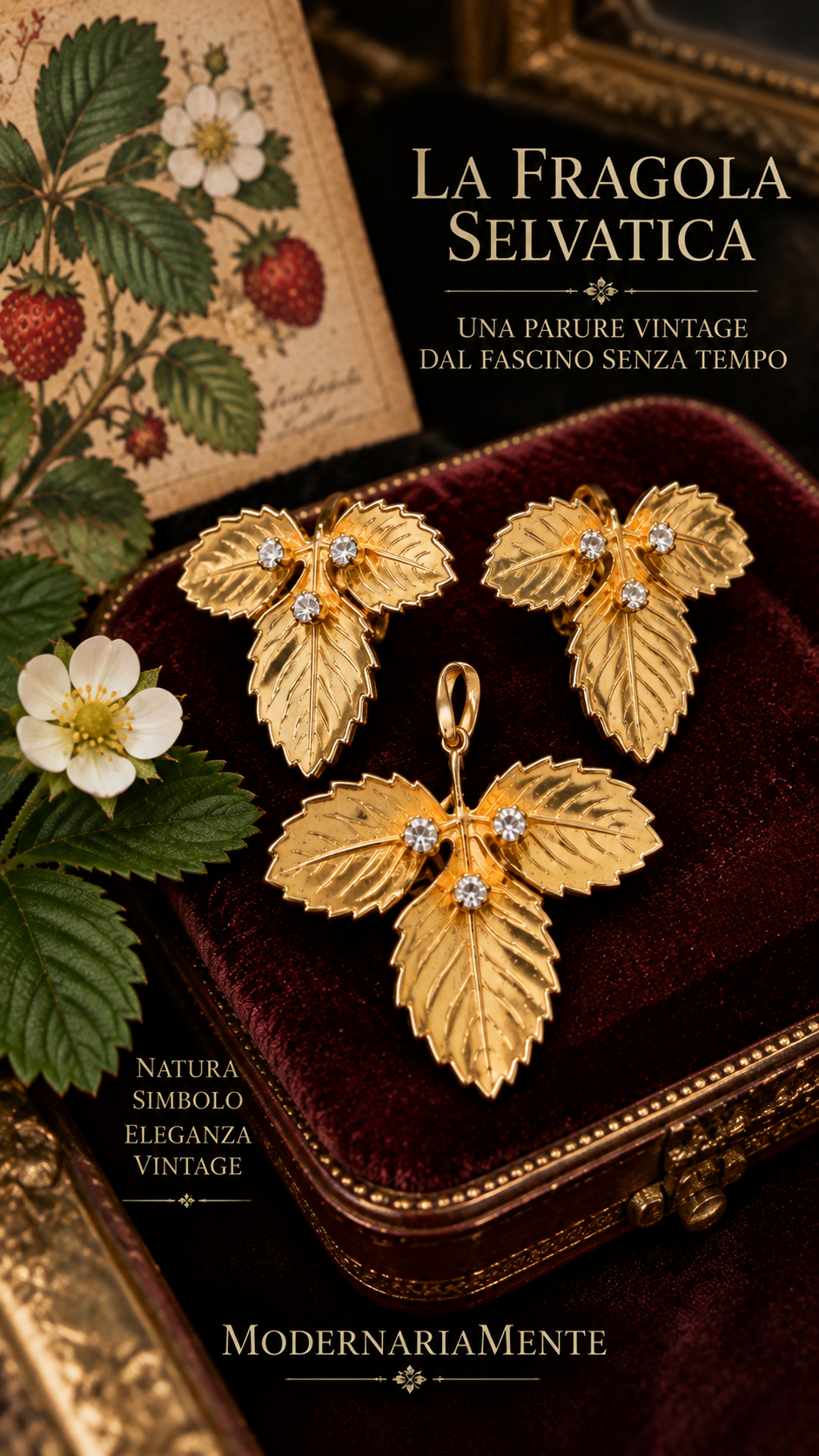 Parure gioiello vintage in metallo dorato e strass “Fragraria Vesca” orecchini clip e pendente