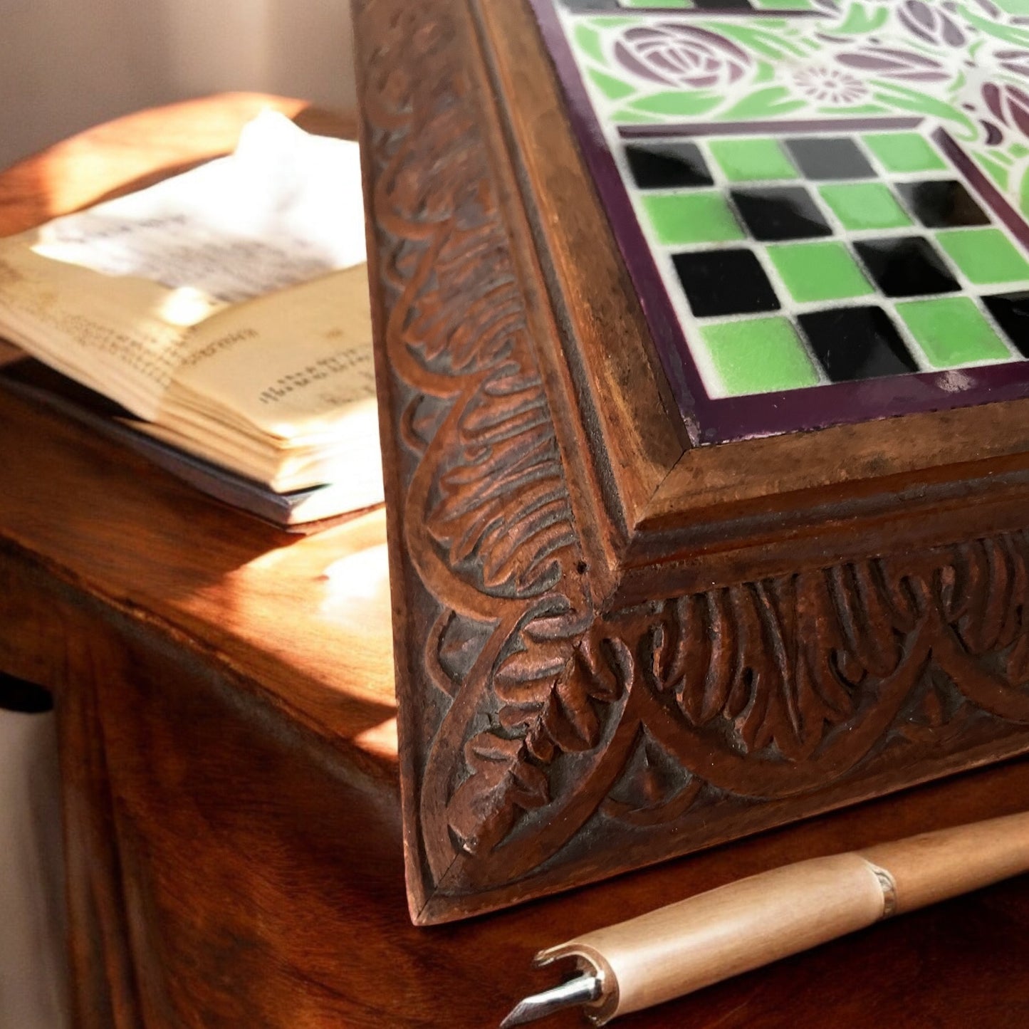 Art nouveau tile in wooden frame