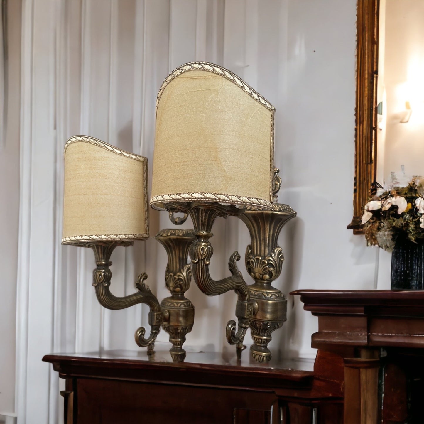 Pair of brass and fabric lamps