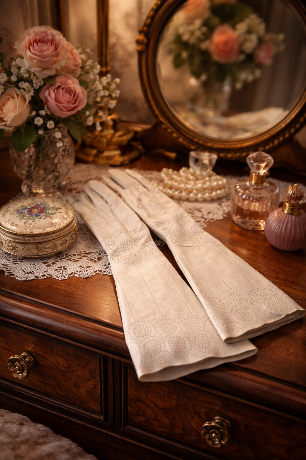 Antichi guanti al gomito in pelle traforata con bottoniera perle, anni ‘40 completi di originale busta Beckering