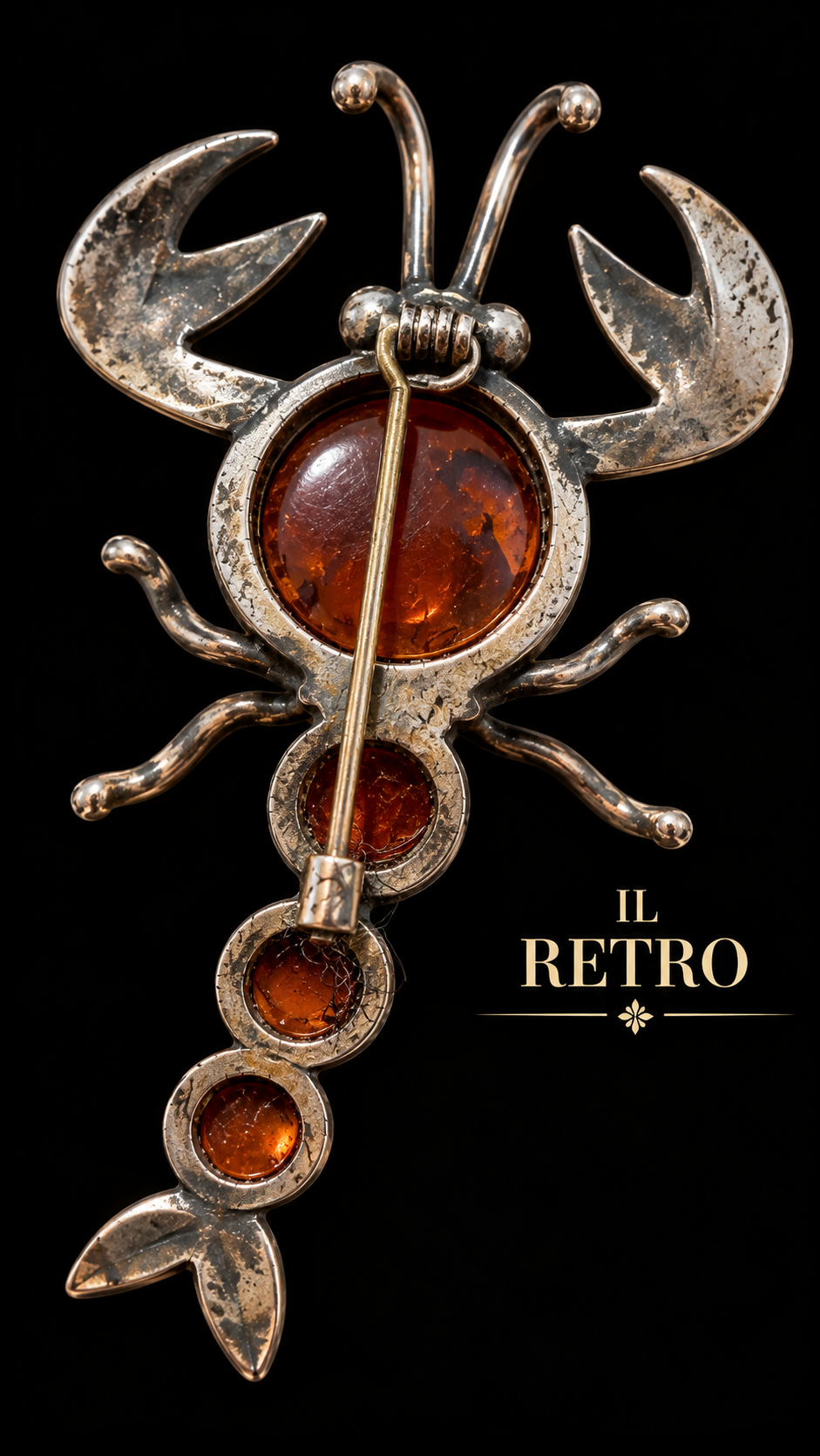 Spilla gioiello argento ed ambra scorpione custode del deserto