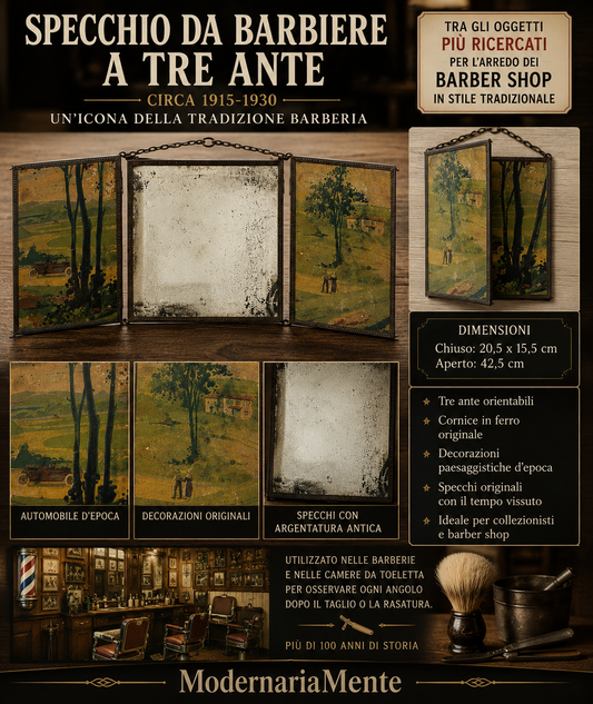 Specchio da barber shop antico o tryptic mirror, tre ante decorate