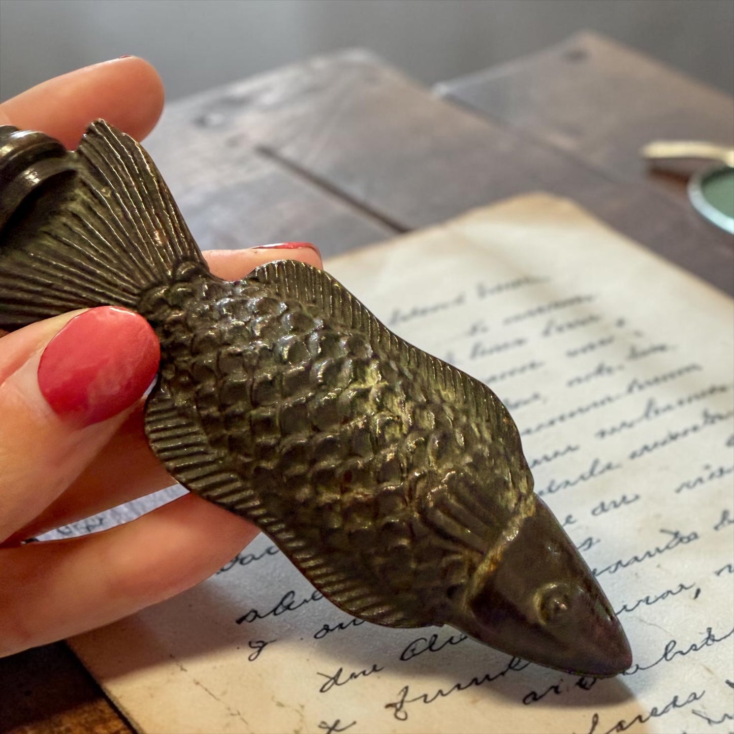 Lente ingrandimento vintage metallo pieno manico a guisa di pesce