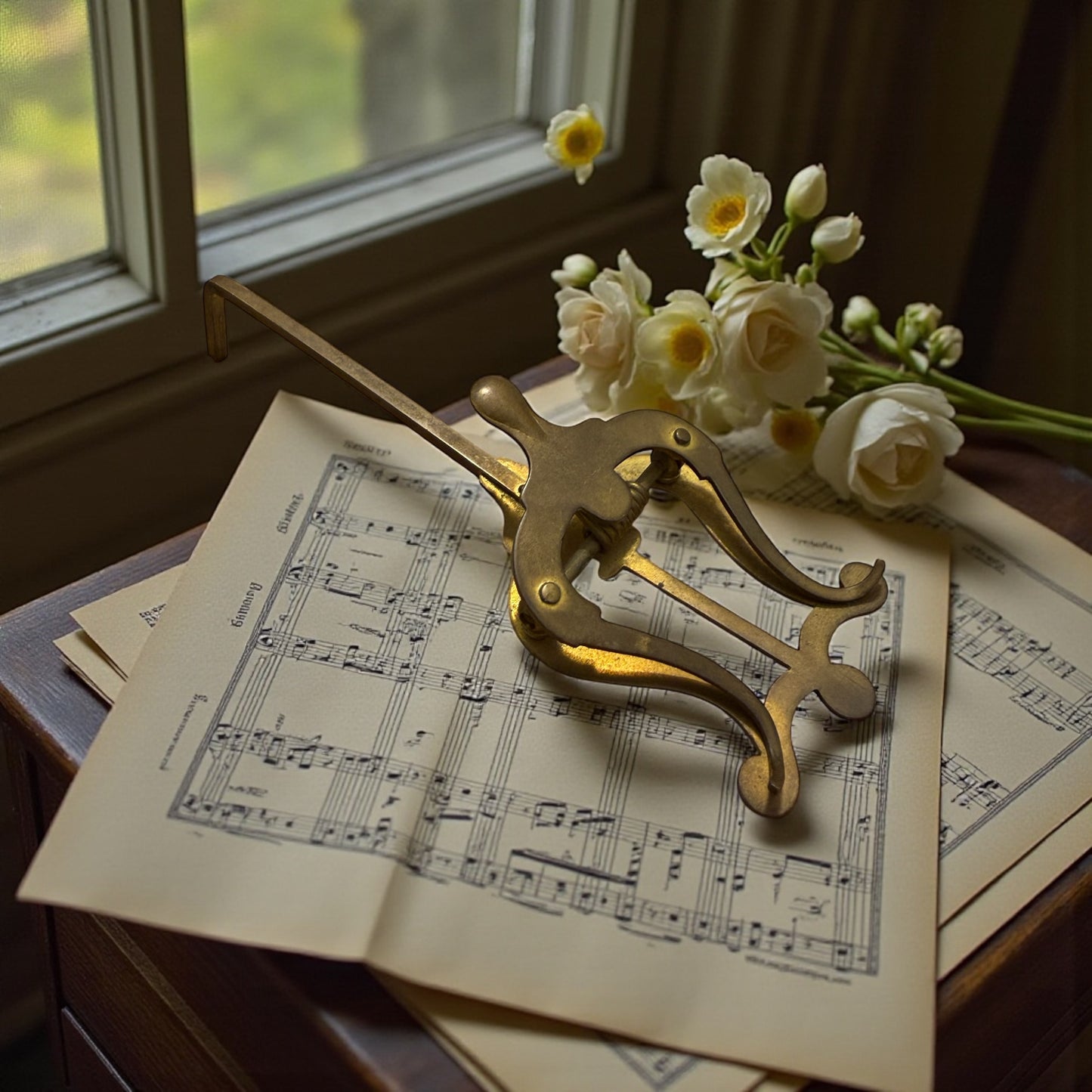 Ferma partiture spartiti da leggio a guisa di lira, ottone, primo ‘900