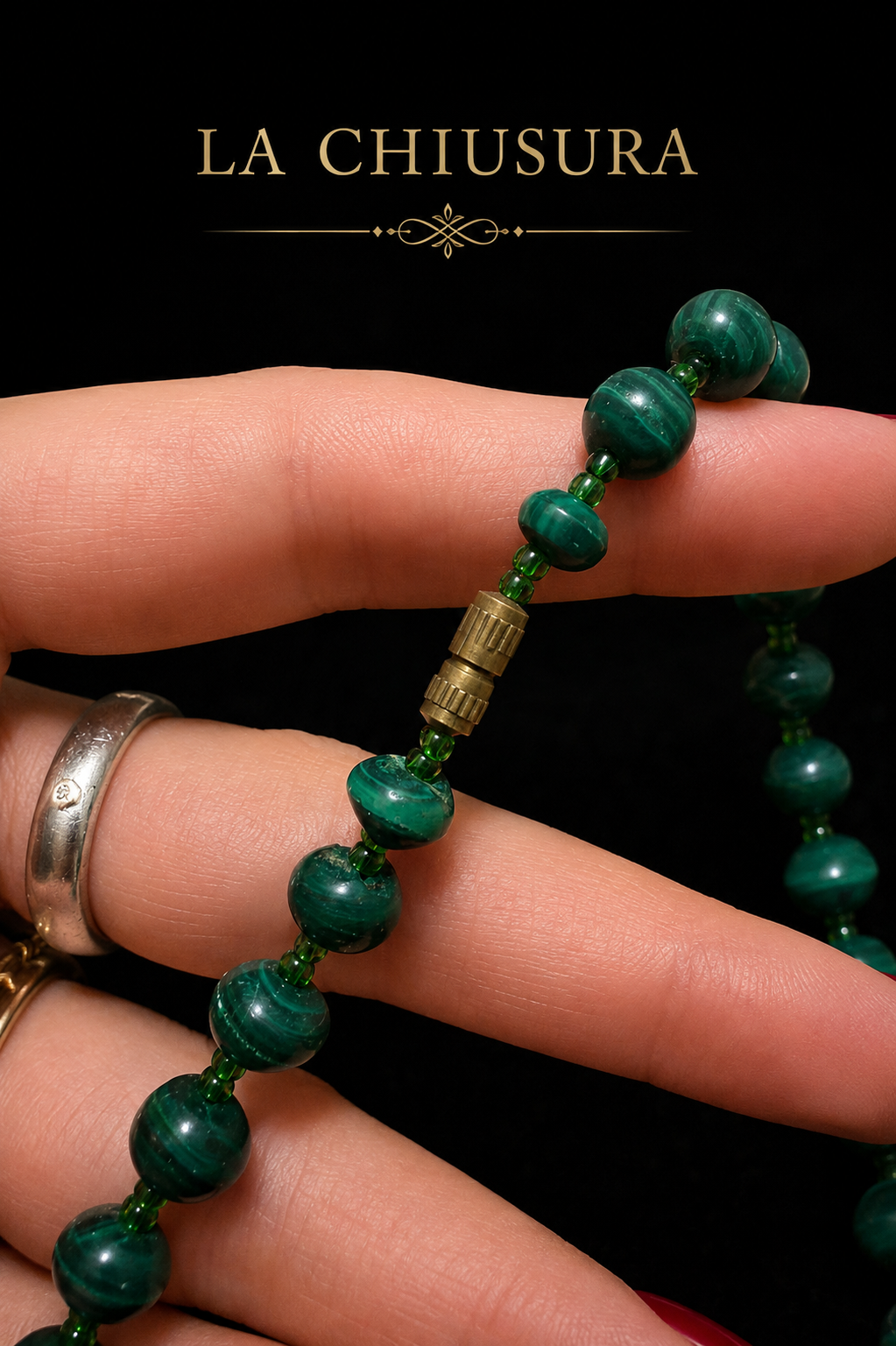 Collana collier in sfere di autentica malachite naturale degradé montate a mano con distanziatori in vetro, anni ‘50-‘60