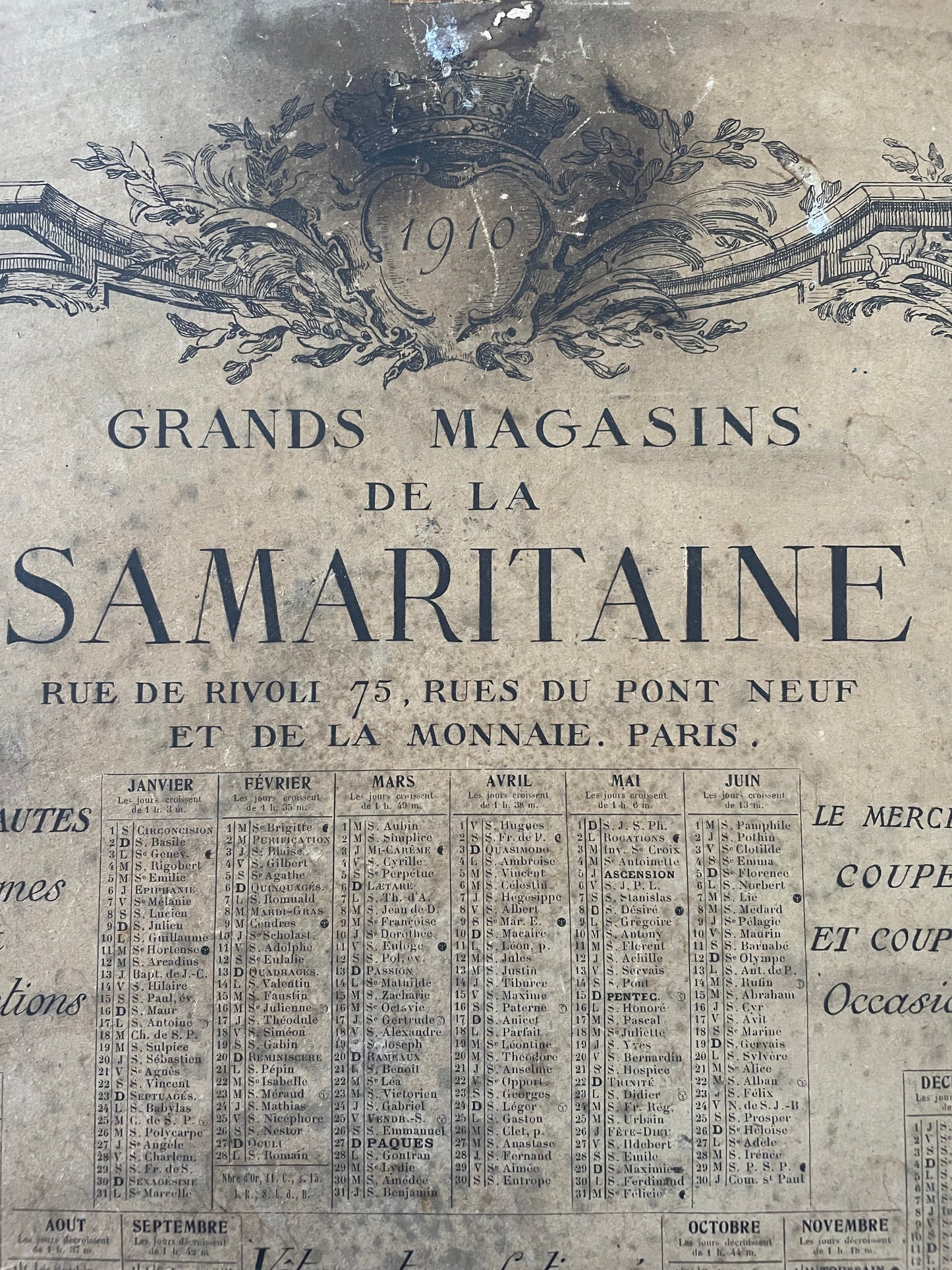 Calendario cartonato 1910 grandi magazzini La Samaritaine Parigi bifacciale