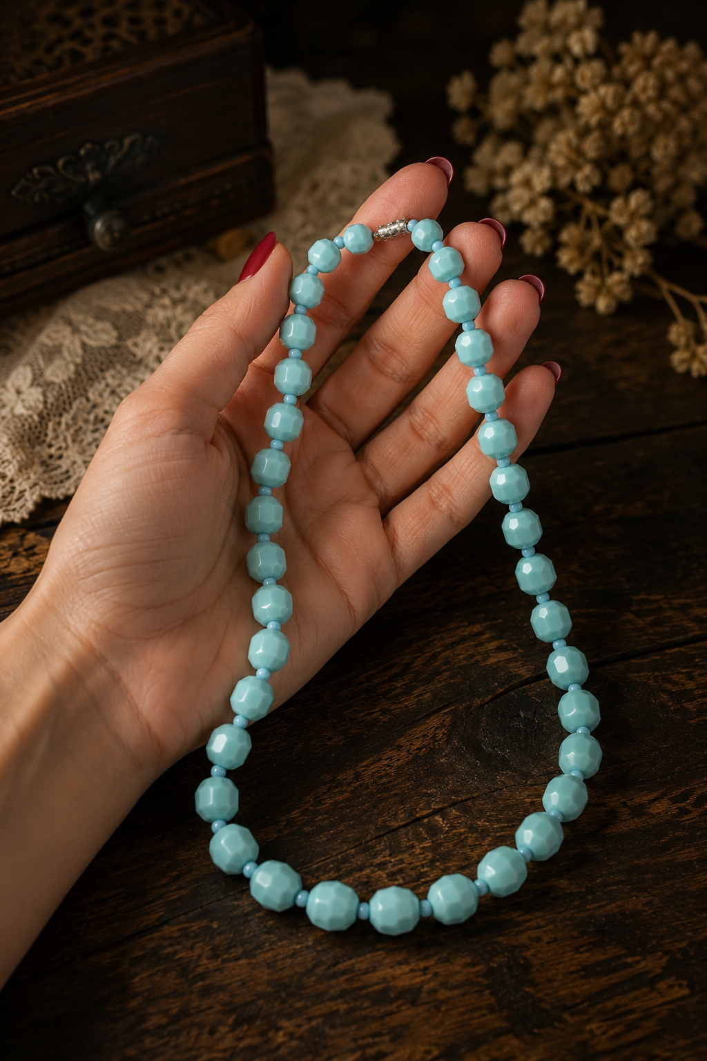 Splendida collana in paste vitree sfaccettate anni ‘50 azzurro cielo con chiusura a barilotto