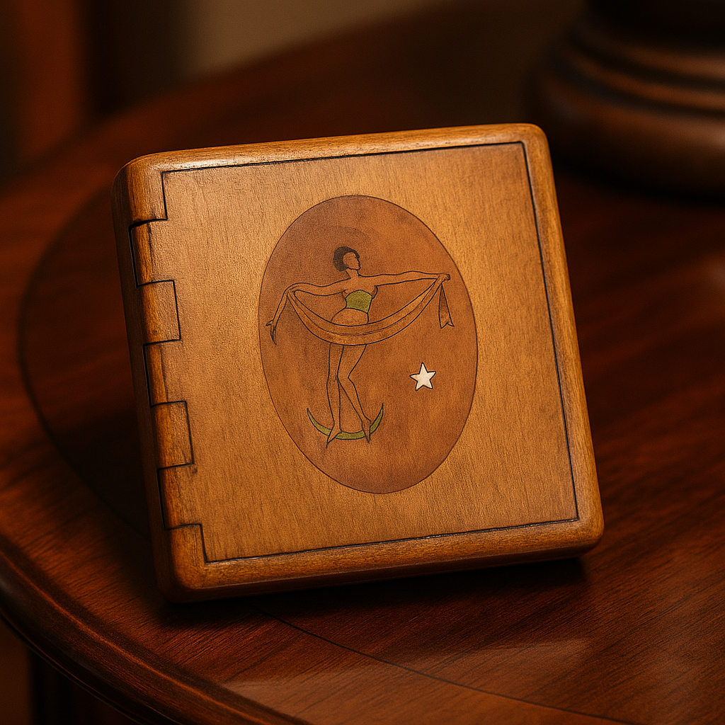 Antico ed elegante portasigarette inciso con inserti in essenze e madreperla, anni 30