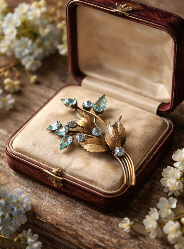 Spilla bouquet floreale anni ‘40 firmata, placcata oro con cristalli azzurri