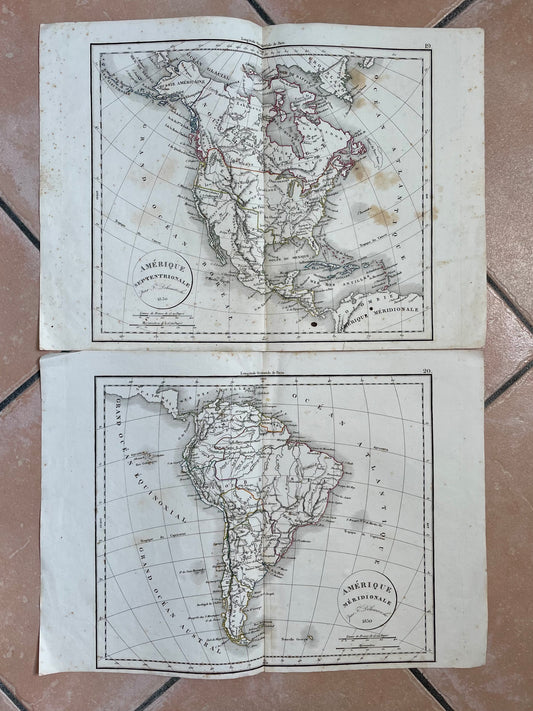 Coppia antiche mappe cartine geografiche Delamarche 1830, America del Nord e del Sud