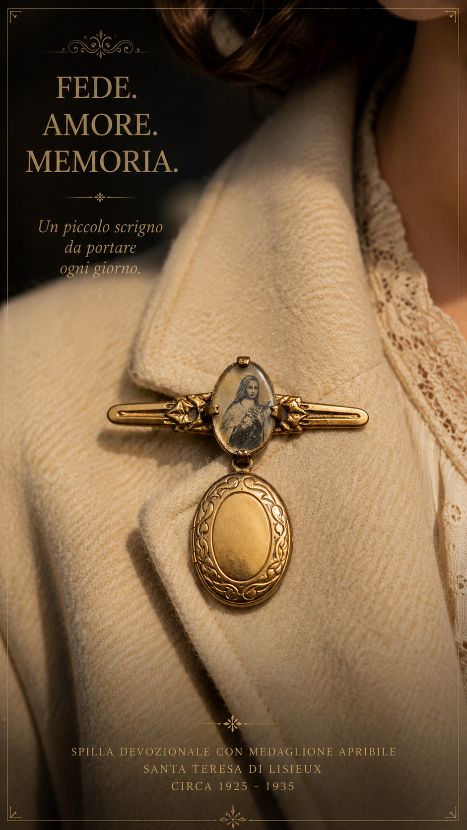Antica spilla con pendente a scomparto segreto per reliquia, Santa Teresa di Lisieux