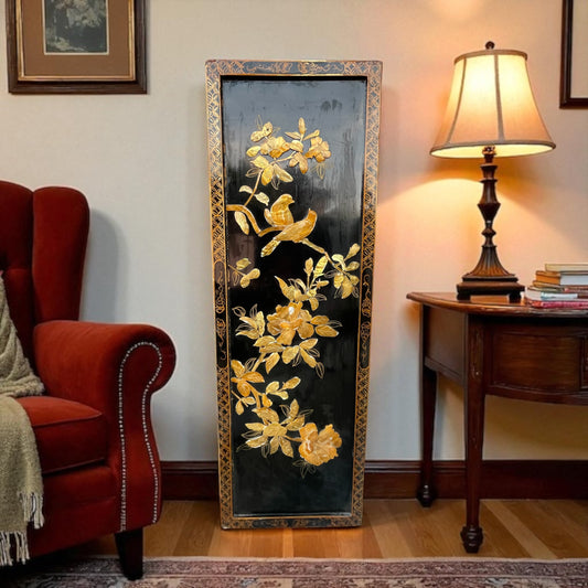 Grande pannello orientale in legno e madreperla anni ‘60 91 cm