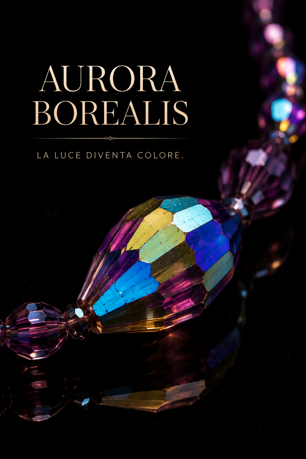 Collana con perle in vetro sfaccettato degradé color malva e finitura aurora Borealis