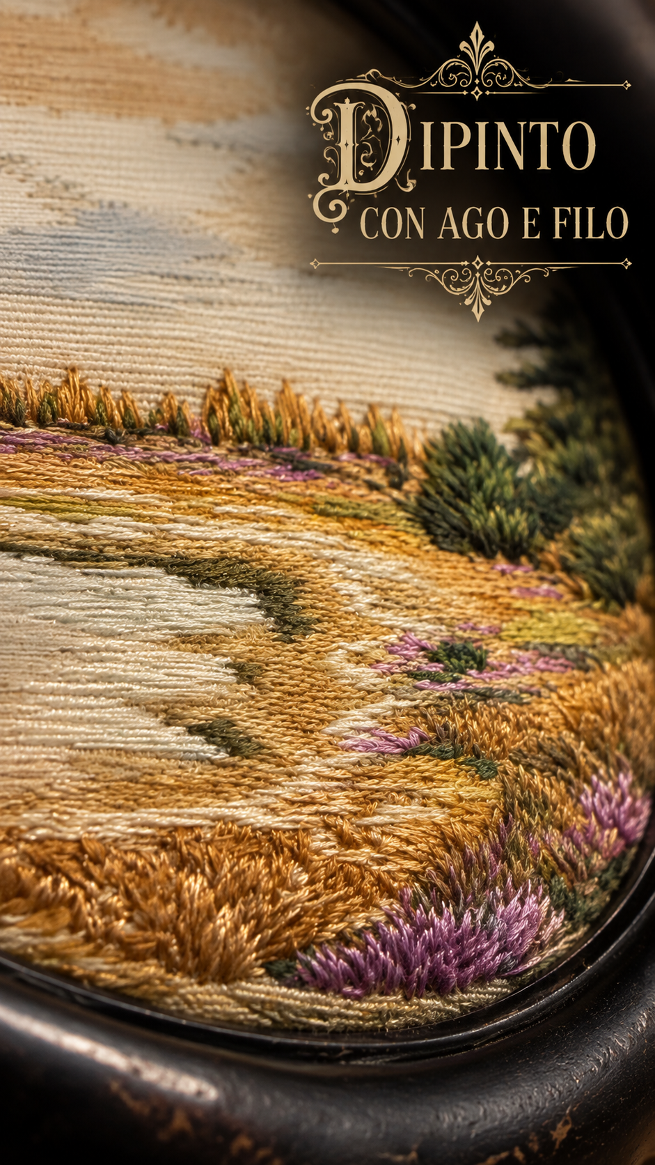 Antica miniatura ricamata con brughiera tardo vittoriana in cornice