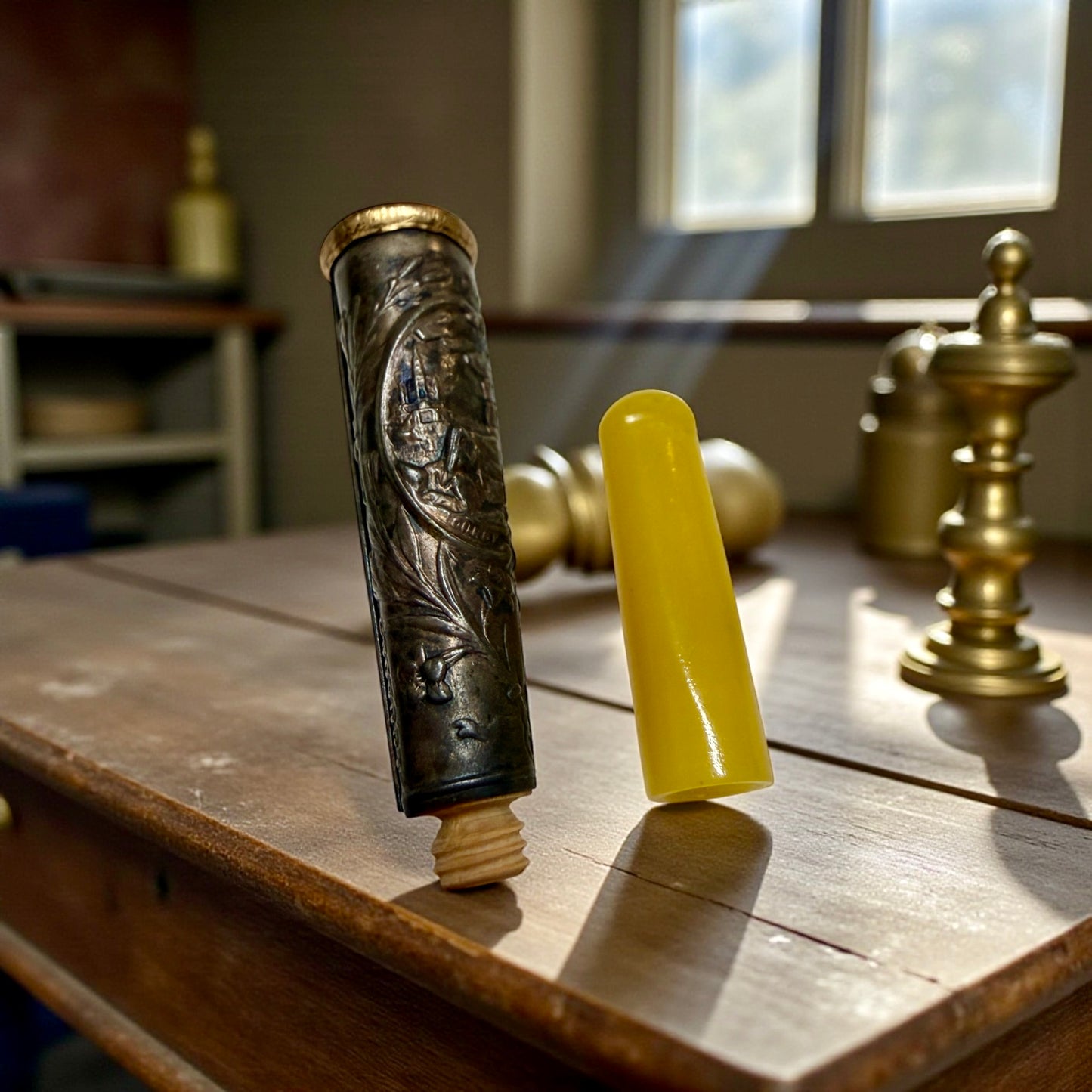 Bocchino antico gioiello con argento a sbalzo e scena apparizione Lourdes